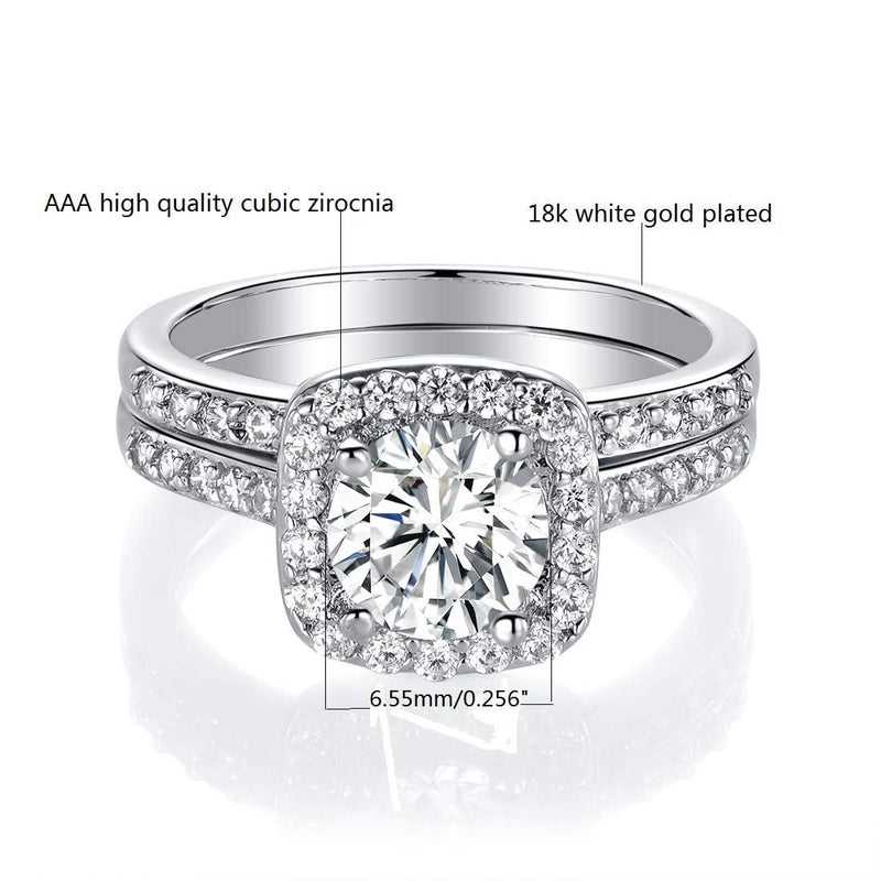 MDFUN 18K White Gold Plated Cubic Zirconia Two-In-One Halo Wedding Engagement Promise Eternity Ring for Women Size 8.5 - Image 3